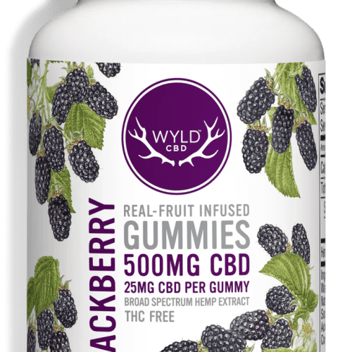 WyldCBD OM Gummies 20ct Blackberry Laydown Bottle x627 2x png