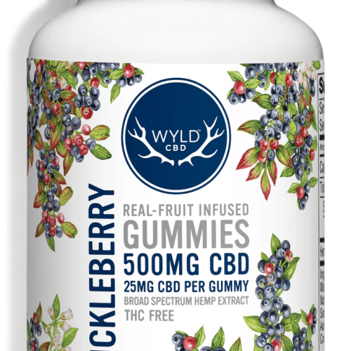 WyldCBD OM Gummies 20ct Huckleberry Laydown Bottle x627 2x png